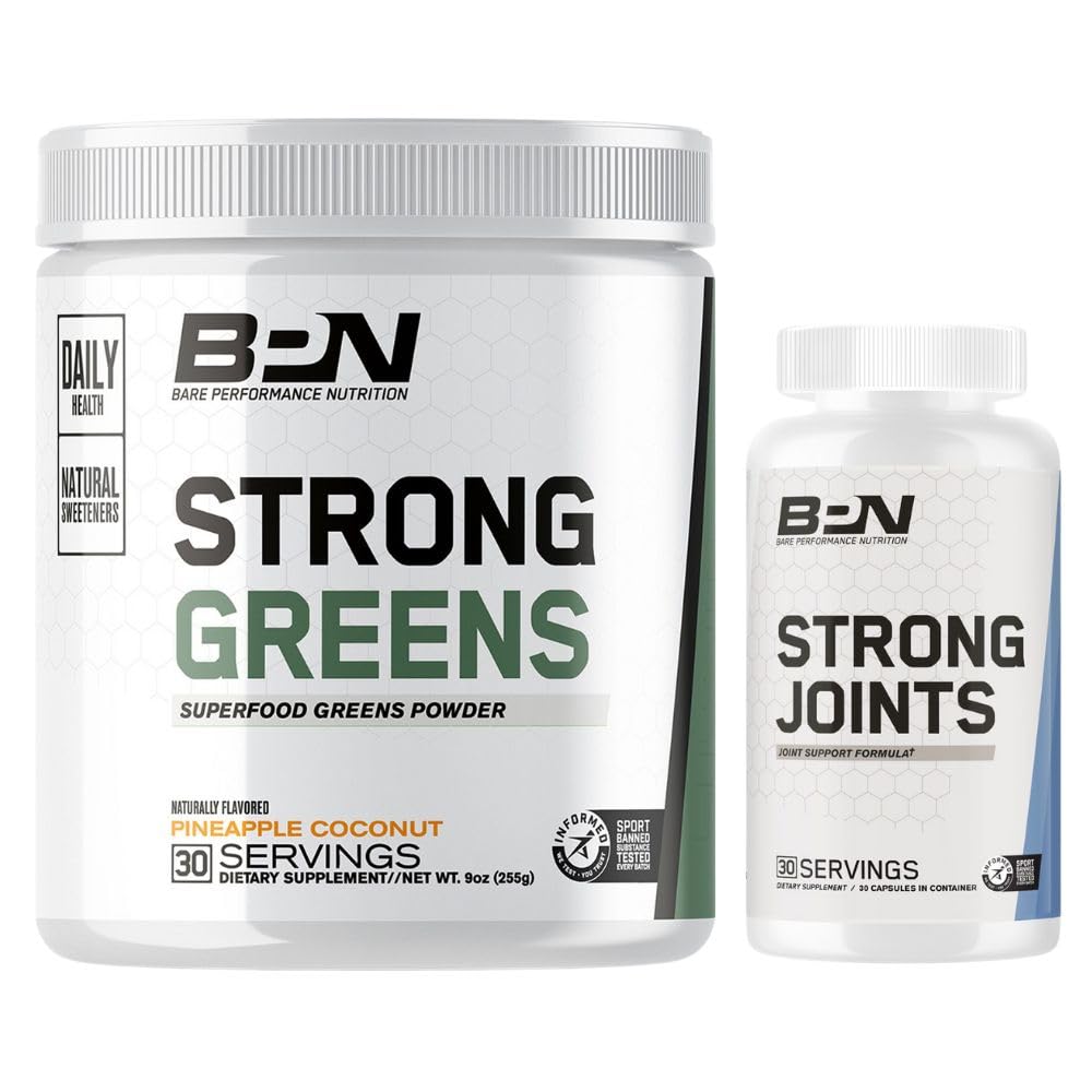 Two supplement containers labeled 'Strong Greens' and 'Strong Joints' by BPN on a white background.