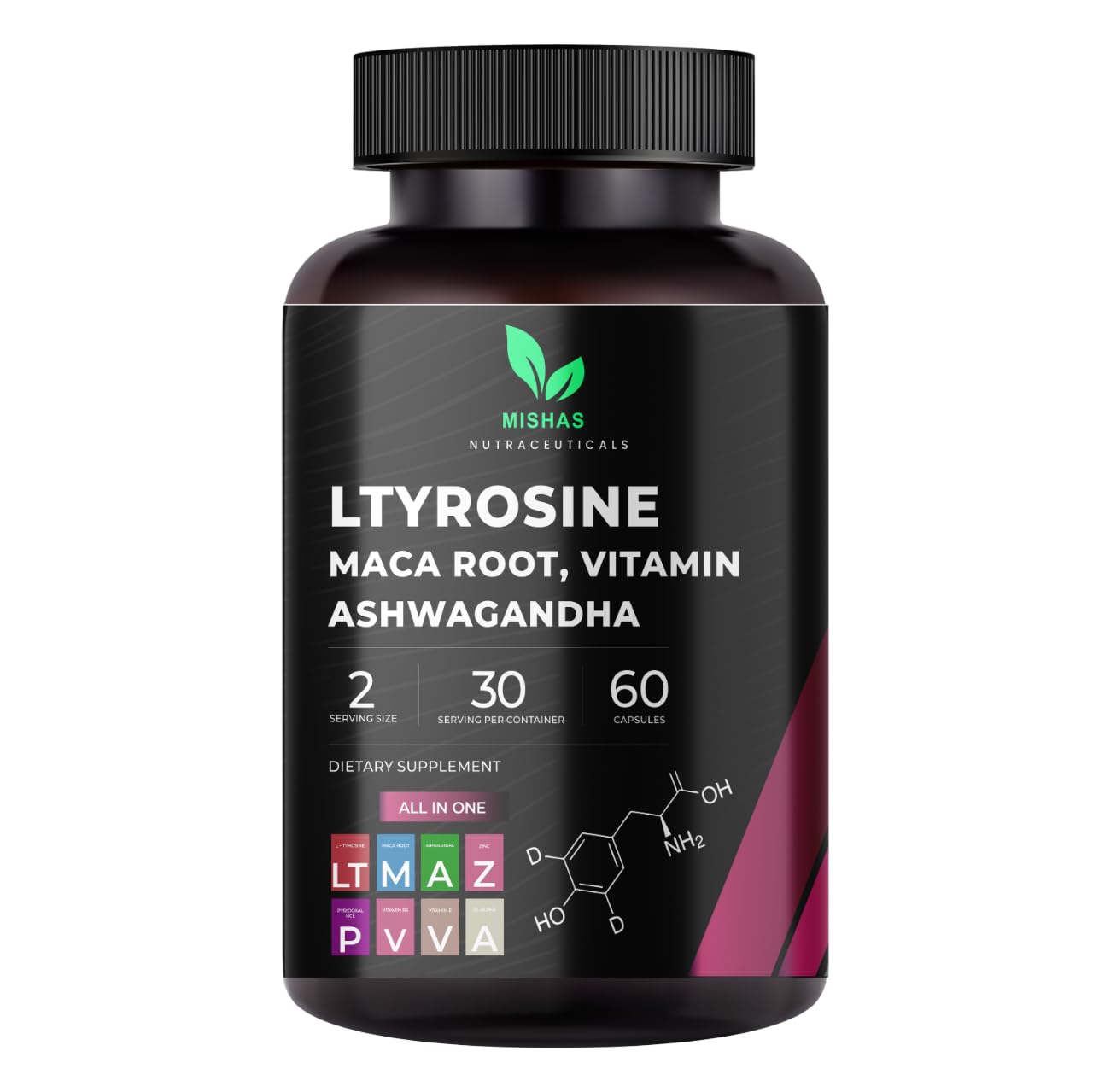 Mishas Nutraceuticals L-Tyrosine with Maca Root, Ashwagandha & Vitamins Complex – Energy, Mental Focus, Stress Relief & Immunity Support – 60 Capsules (30 Servings) MishasBuy Supplements Australia