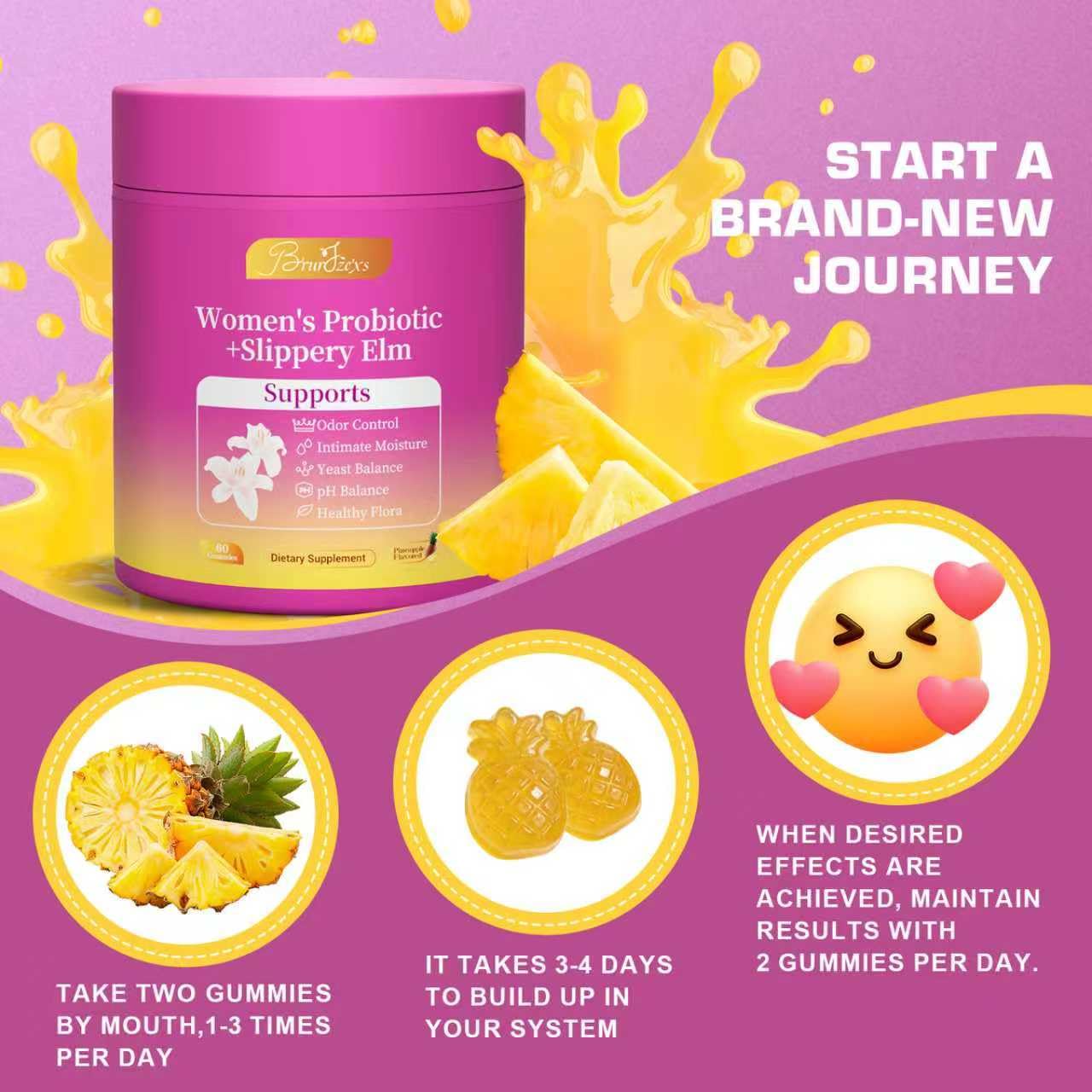 Brurtzexs Her Juicy Feminine Probiotics Gummies for Women with Slippery Elm - Pineapple Flavor, pH Balance & Immune Health Support - Digestive & Feminine Support - Vegan Supplement, 60 C Brurtzexs buy supplements Au