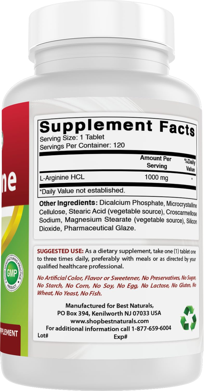 (New Improved Formula) Best Naturals L-Arginine 1000 mg 120 Tablets - Pharmaceutical Grade L Arginine Supplement