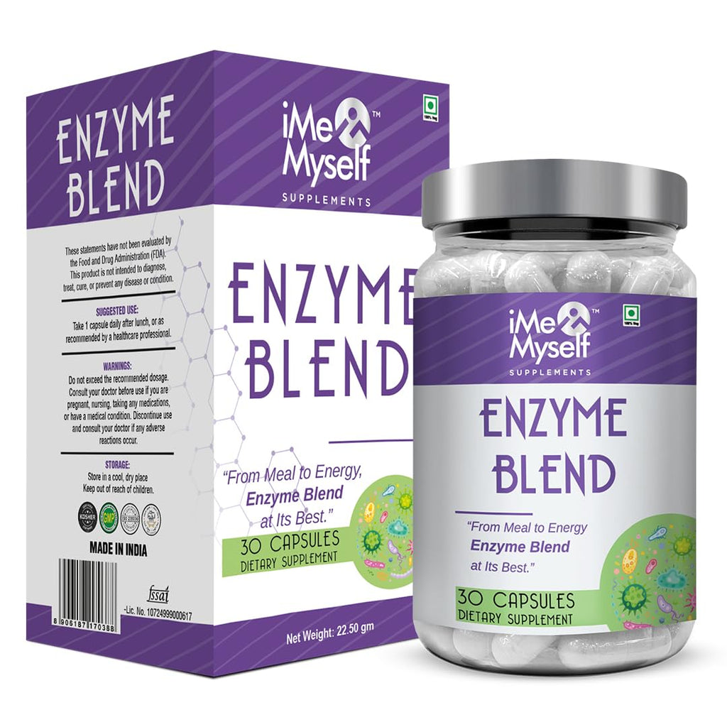 Enzyme blend supplement packaging with purple and white design.