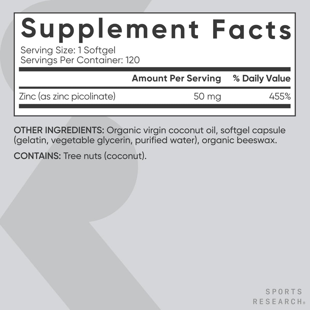 Sports Research High Potency Zinc Picolinate 50mg with Organic Coconut Oil | Highly Absorbable Zinc Supplement for Healthy Immune & Enzyme Function - Non-GMO Tested & Gluten-Free (120 Liquid Softgels) Sports Research buy supplements Au