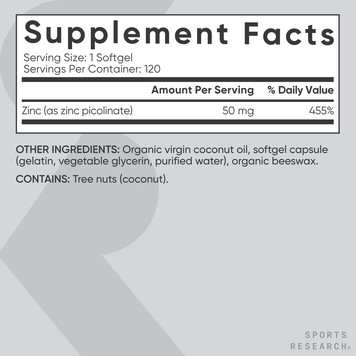 Sports Research High Potency Zinc Picolinate 50mg with Organic Coconut Oil | Highly Absorbable Zinc Supplement for Healthy Immune & Enzyme Function - Non-GMO Tested & Gluten-Free (120 Liquid Softgels) Sports Research buy supplements Au