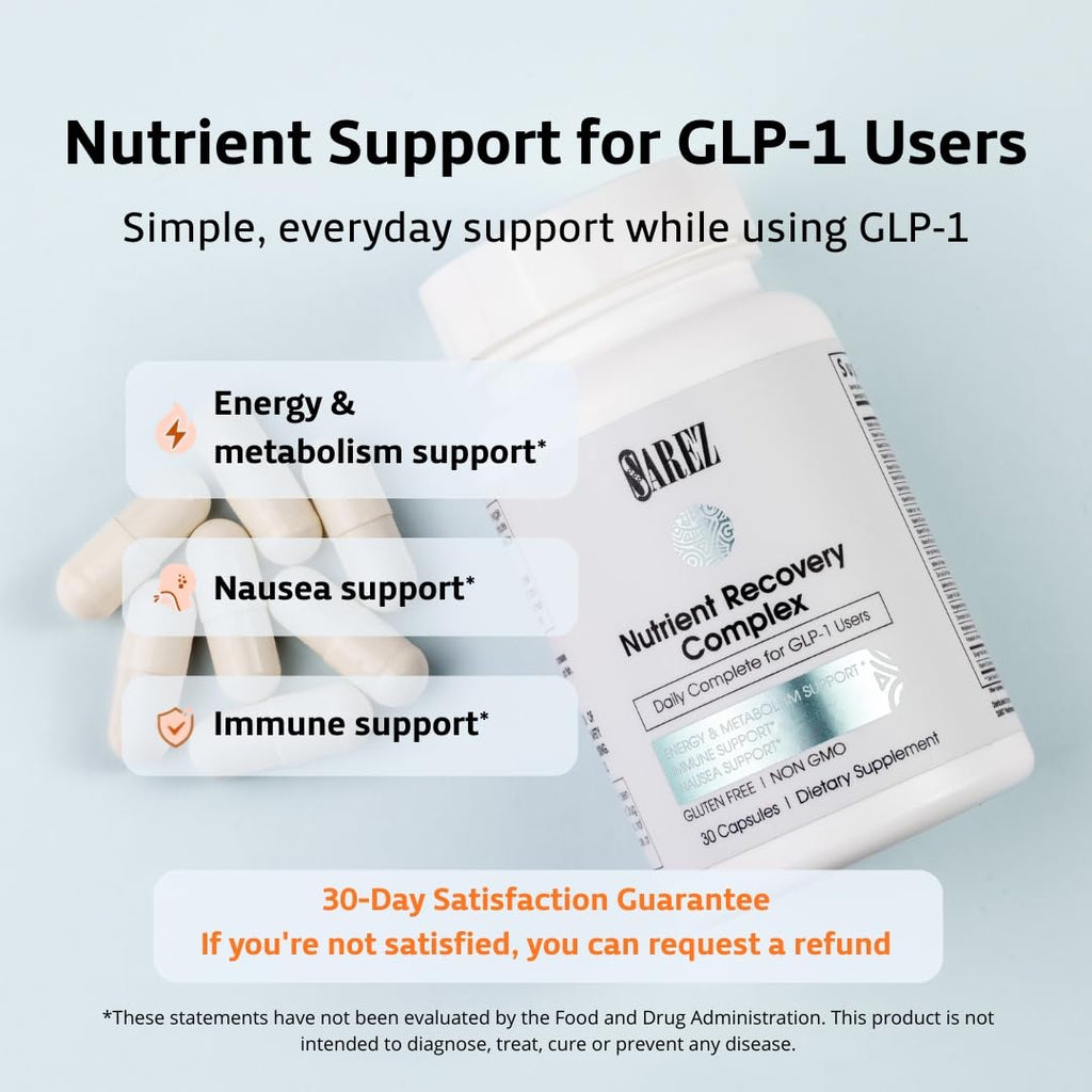 Sarez GLP-1 Support Capsules — Methylated Vitamins & Chelated Minerals — Energy, Metabolism, Hair & Daily Nutrient Support — with Ginger for Nausea — Gentle on Stomach — 30 Day Supply SarezBuy Supplements Australia