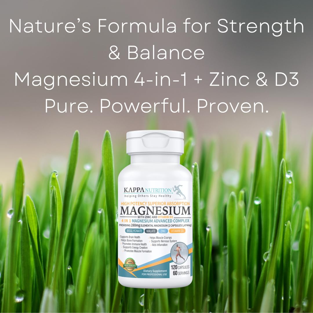 Kappa Nutrition Magnesium 4-in-1, 280mg Elemental Magnesium (Bisglycinate, Malate) + Zinc & Vitamin D3, Brain, Sleep, Energy, Muscle, Immune Support, 120 Vegan Capsules. KAPPA NUTRITION buy supplements Au