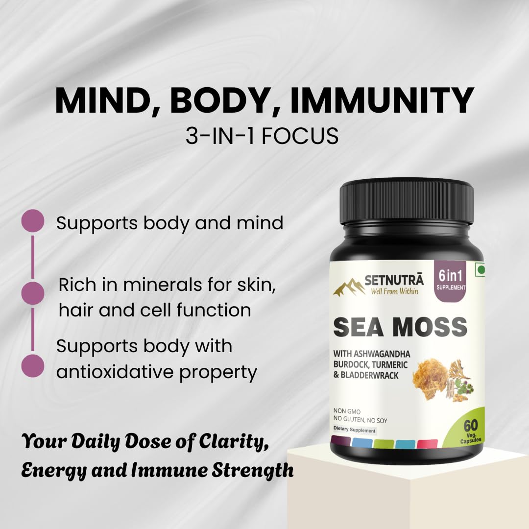 SETNUTRA Well From Within Sea Moss 6 in 1 Super Blend Ashwagandha Burdock Turmeric & Bladderwrack Immunity & Detox Support 60 Veg Capsules Non GMO No Gluten SETNUTRA Well From Within buy supplements Au