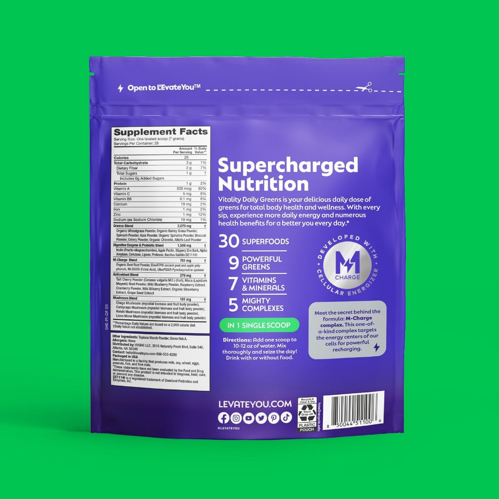 L'Evate You Vitality Daily Greens Powder (28 Servings) 30 Superfoods, 9 Greens - for a Cellular Energy Boost, Powered by M-Charge Complex for All Day Energy (Original) Steve Harvey's L'Evate You buy supplements Au