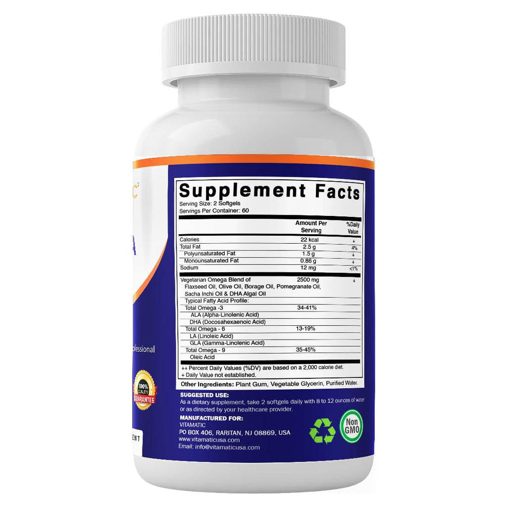 Vitamatic Vegan Omega 3-6-9 Complex 1250mg | Flaxseed, Olive, Borage & Algae Oils | Plant-Based Omegas | 120 Softgels VitamaticBuy Supplements Australia