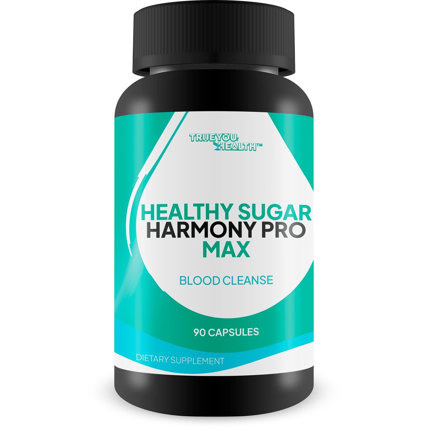 Supplement bottle labeled 'Healthy Sugar Harmony Pro Max' on a white background