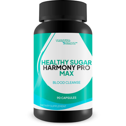 Supplement bottle labeled 'Healthy Sugar Harmony Pro Max' on a white background