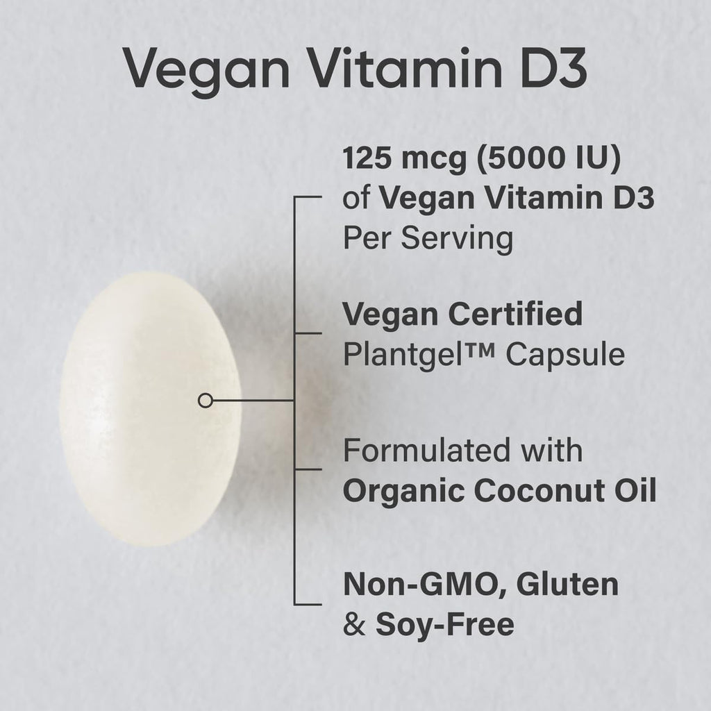 Sports Research Vegan Vitamin D3 5000IU (125 mcg) with Coconut Oil | 100% Plant-Based Vitamin D for Bone, Joint & Immune Support | Carrageenan Free, Vegan Certified & Non-GMO Verified (60 Softgels) Sports Research buy supplements Au