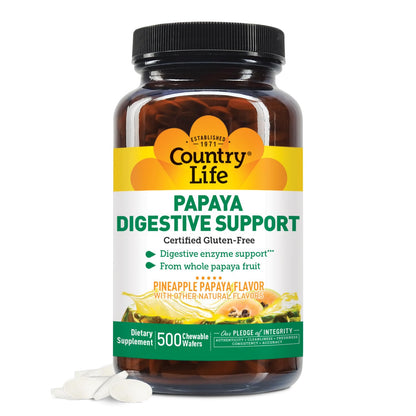 Country Life Chewable Papaya Enzymes for Digestion Support - Natural Pineapple & Papaya Flavor, Assists with Nutrient Absorption