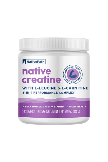 NativePath Creatine Monohydrate Powder with L-Leucine & L-Carnitine - Supports Muscle Health for Men & Women - 30 Servings