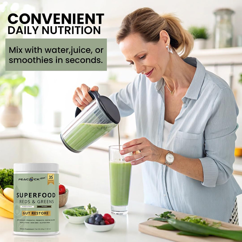 Superfood Reds & Greens Powder - 11.64 oz, Prebiotics & Probiotics for Digestive Health, Super Greens Powder with Ashwagandha for Gut Health, Immunity, Antioxidants,