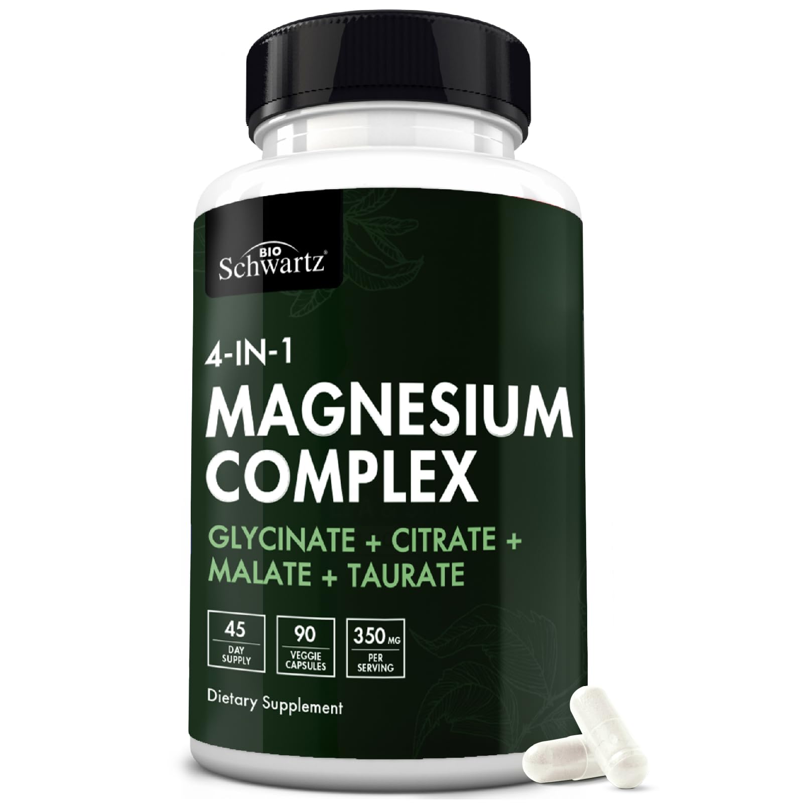 Supplement bottle labeled '4-IN-1 Magnesium Complex' by BioSchwartz on a white background