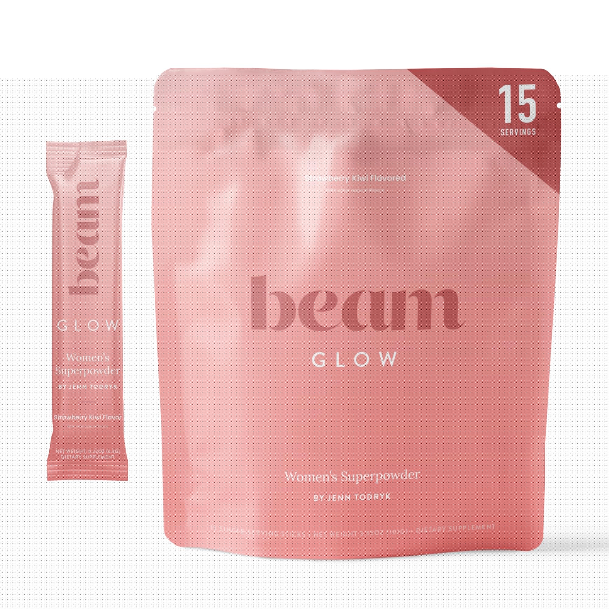Pink 'beam Glow' packaging for women's superpowder on a white background