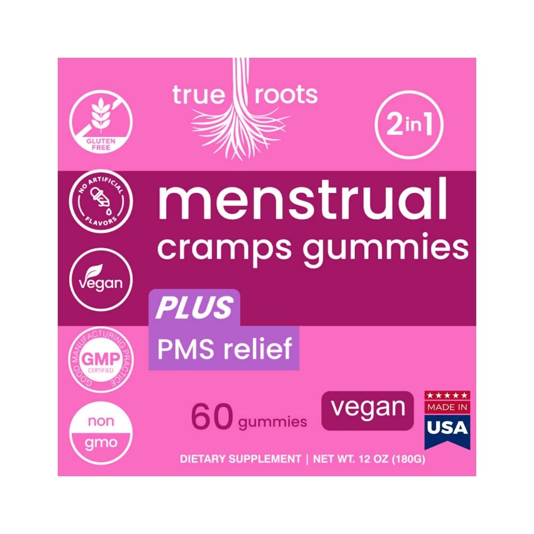 Menstrual Cramp Period Gummies True Roots | PMS Support Supplement for Women | Healthy Flow | Flo PMS Menstrual Cycle Relief, Cramping and Bloating | Vegan & Natural Flavors | 60 Count True RootsBuy Supplements Australia
