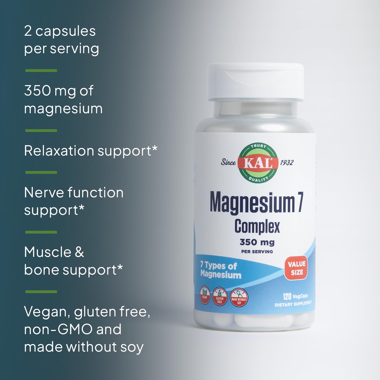 KAL Magnesium Complex 7 - Total Complex with Magnesium Glycinate, Citrate, Malate and More - Relaxation and Whole Body Support Supplements - Vegan, 60-Day Guarantee - 60 Servings - 120 VegCaps KAL buy supplements Au