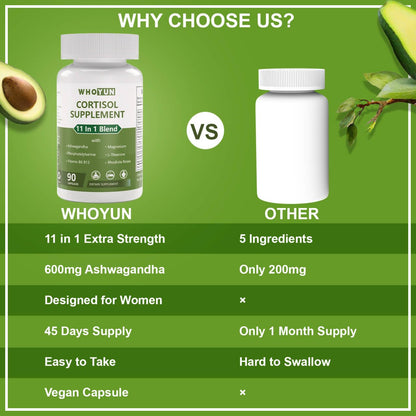 Whoyun Cortisol Supplement for Women, 11 in 1 Lower Cortisol Blend with Ashwagandha, Phosphatidylserine, Magnesium, L-Theanine, Vegan, 90 Capsules WhoyunBuy Supplements Australia