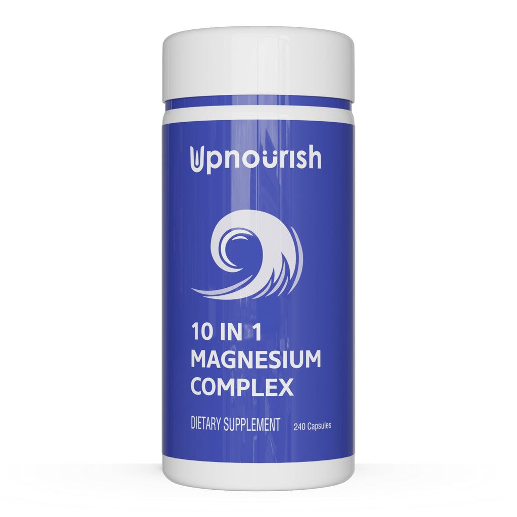 Supplement container labeled 'Upnourish 10 in 1 Magnesium Complex' on a white background