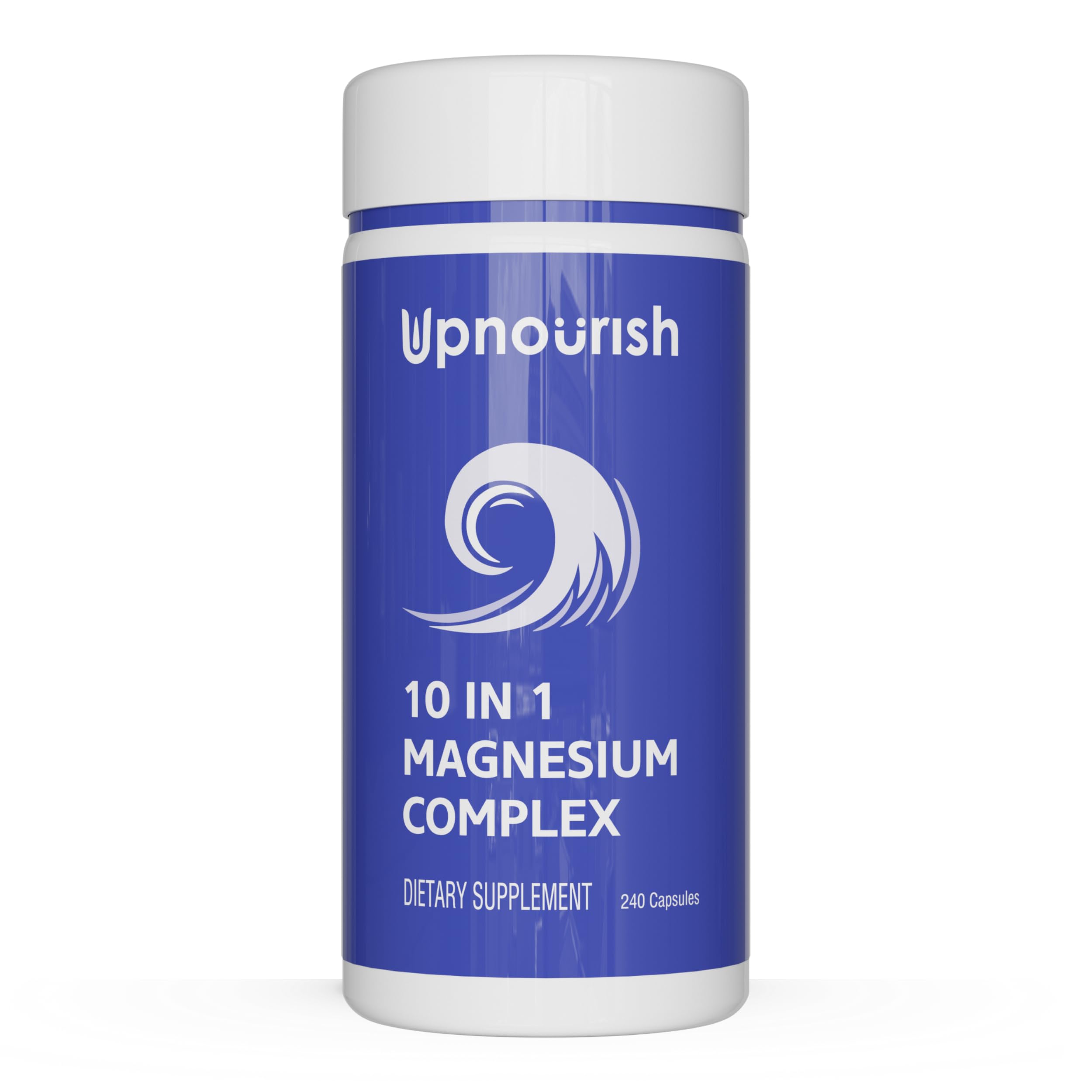 Supplement container labeled 'Upnourish 10 in 1 Magnesium Complex' on a white background