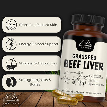 Lonvera Grass Fed Beef Liver Capsules for Women and Men – 3000mg Freeze Dried Desiccated Organs – Nutrient Source for Joints, Bones, Hair, Skin