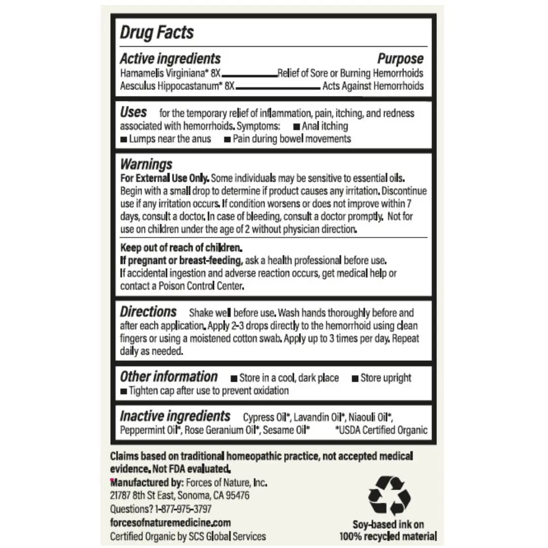 Forces of Nature Hemorrhoid Control Extra Strength, Organic Homeopathic Medicine with Witch Hazel, Horse Chestnut, and Soothing Essential Oils for Itching, Swelling & Discomfort, 5ml (0.17 fl oz) Forces of NatureBuy Supplements Australia