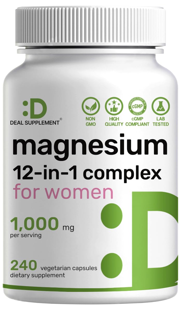 Supplement bottle labeled 'Magnesium 12-in-1 complex for women' with branding on a white background