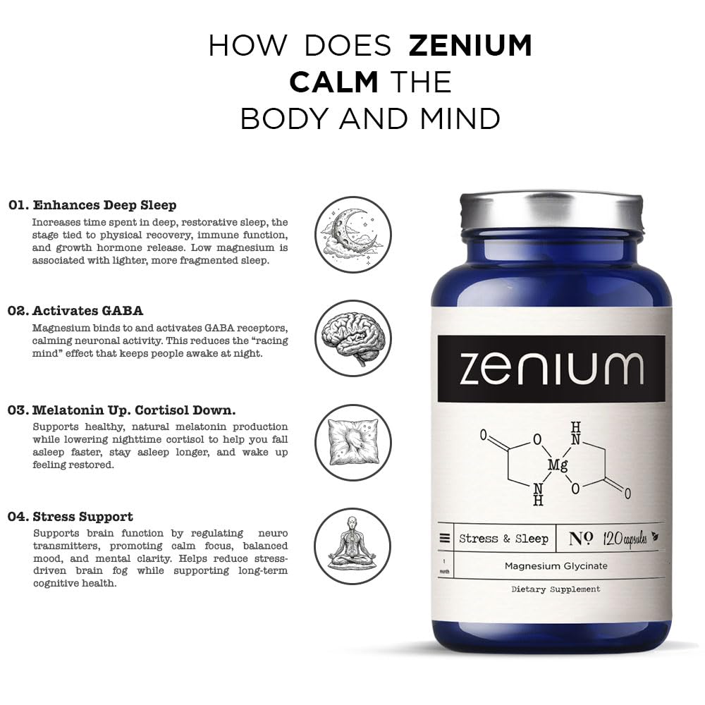 Zenium - Magnesium Glycinate for Sleep, Chelated, 600mg per Serving, 120 Capsules | High Absorption | Relieve Tension, Worry, Nervousness | Calm The Mind & Body | Ayurvedic | Natural Relief Supplement Zenium buy supplements Au