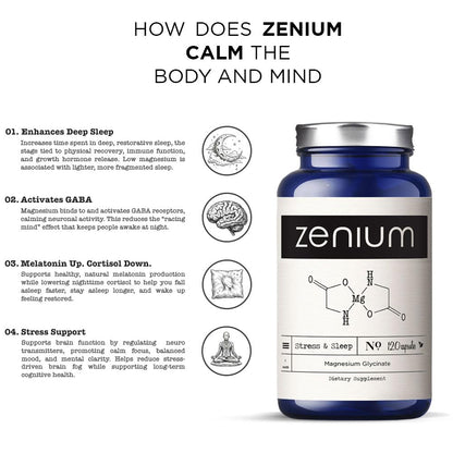 Zenium - Magnesium Glycinate for Sleep, Chelated, 600mg per Serving, 120 Capsules | High Absorption | Relieve Tension, Worry, Nervousness | Calm The Mind & Body | Ayurvedic | Natural Relief Supplement Zenium buy supplements Au