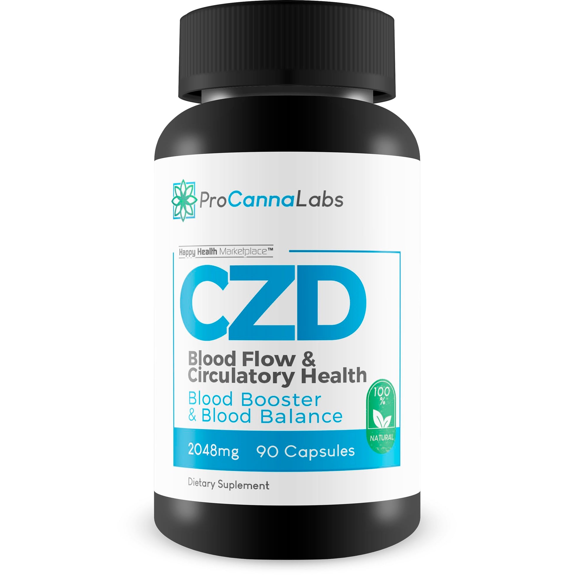 Supplement bottle labeled 'CZD' for blood flow and circulatory health by ProCannaLabs on a white background.