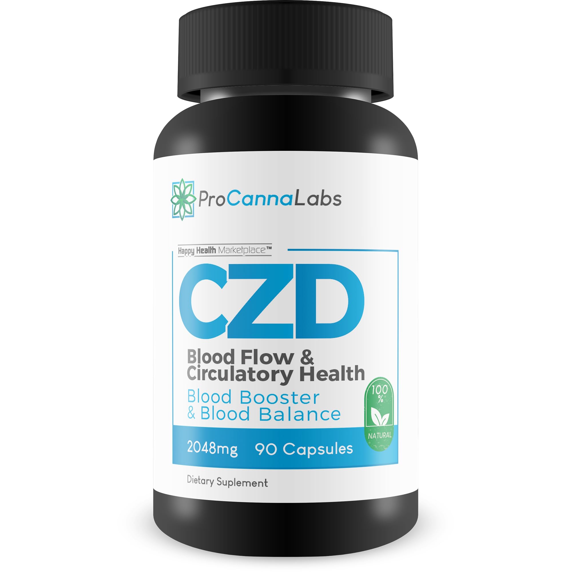 Supplement bottle labeled 'CZD' for blood flow and circulatory health by ProCannaLabs on a white background.