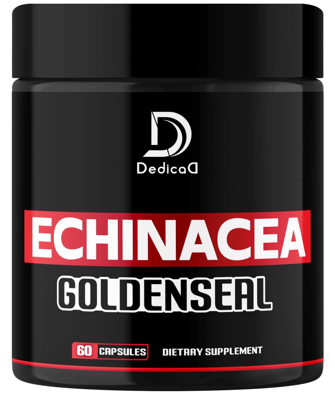 Supplement container with 'Echinacea Goldenseal' on a black background