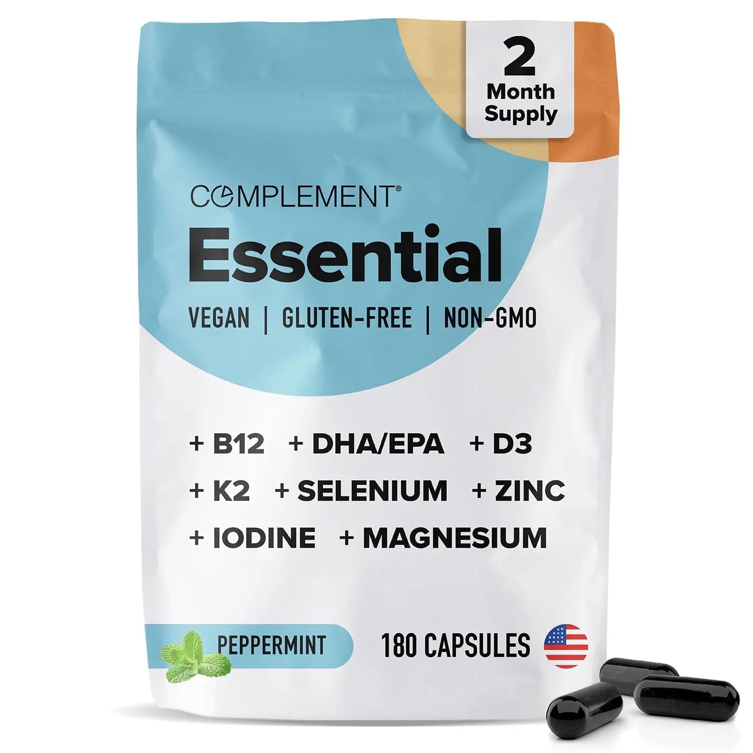 Complement Essential Vegan Multivitamin for Men & Women (60 Servings, 180 Capsules) with Omega-3 DHA & EPA, B12, Vitamin D3 & K2 Complement