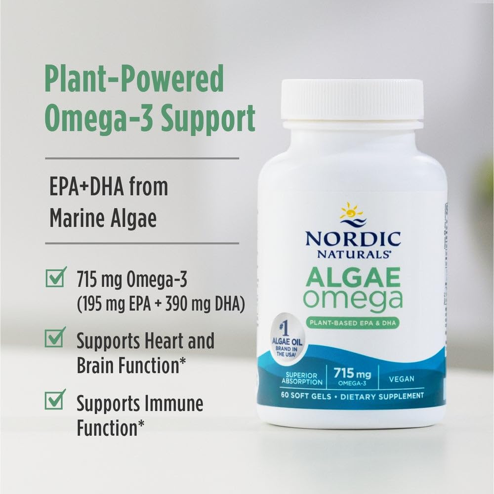 Nordic Naturals Algae Omega - 120 Soft Gels - 715 mg Omega-3 - Certified Vegan Algae Oil - Plant-Based EPA & DHA - Heart, Eye