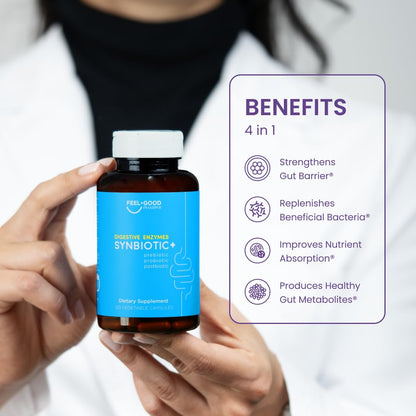 Feel Good Digestive Enzymes 4-in-1 Synbiotic+ – with Prebiotics, Probiotics & Postbiotics – Gut Health, Digestion & Bloating Relief