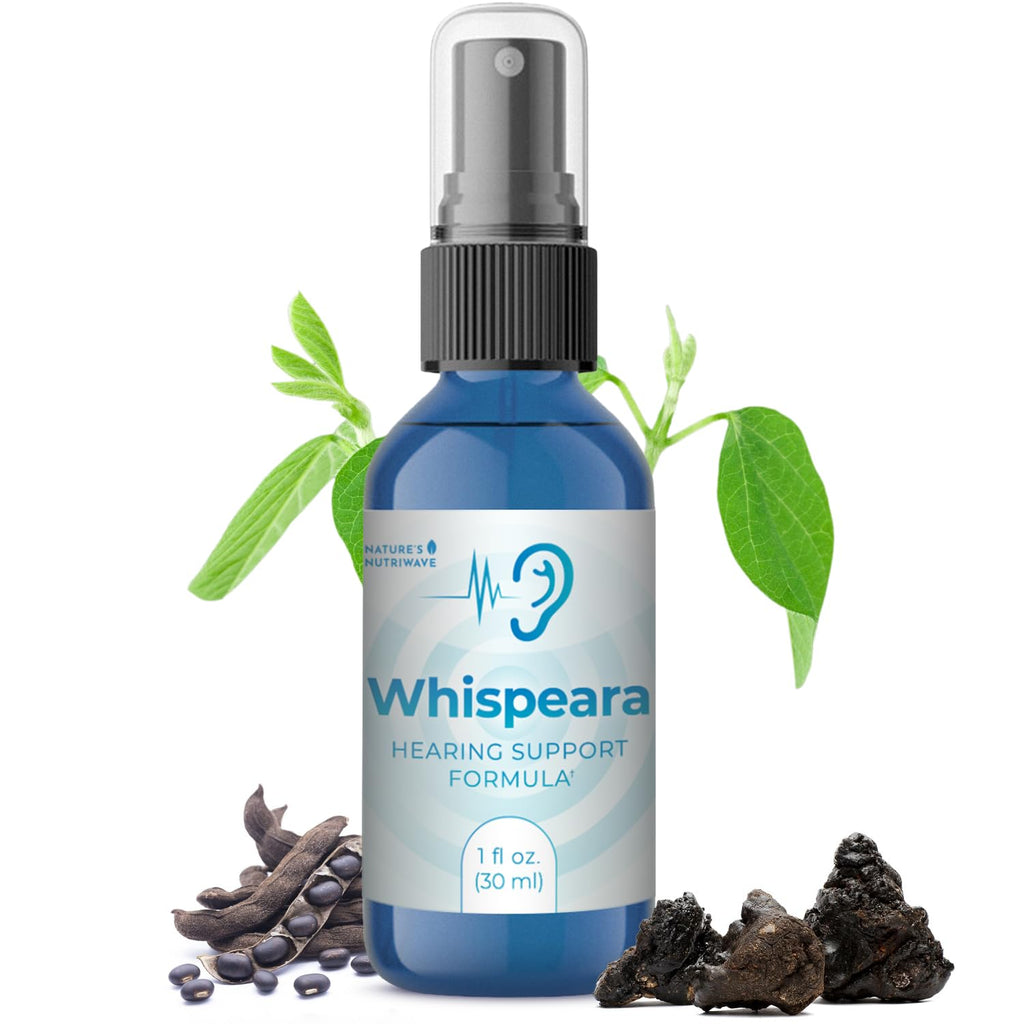 Blue bottle of Whispeara hearing support formula with leaves and herbs on a white background