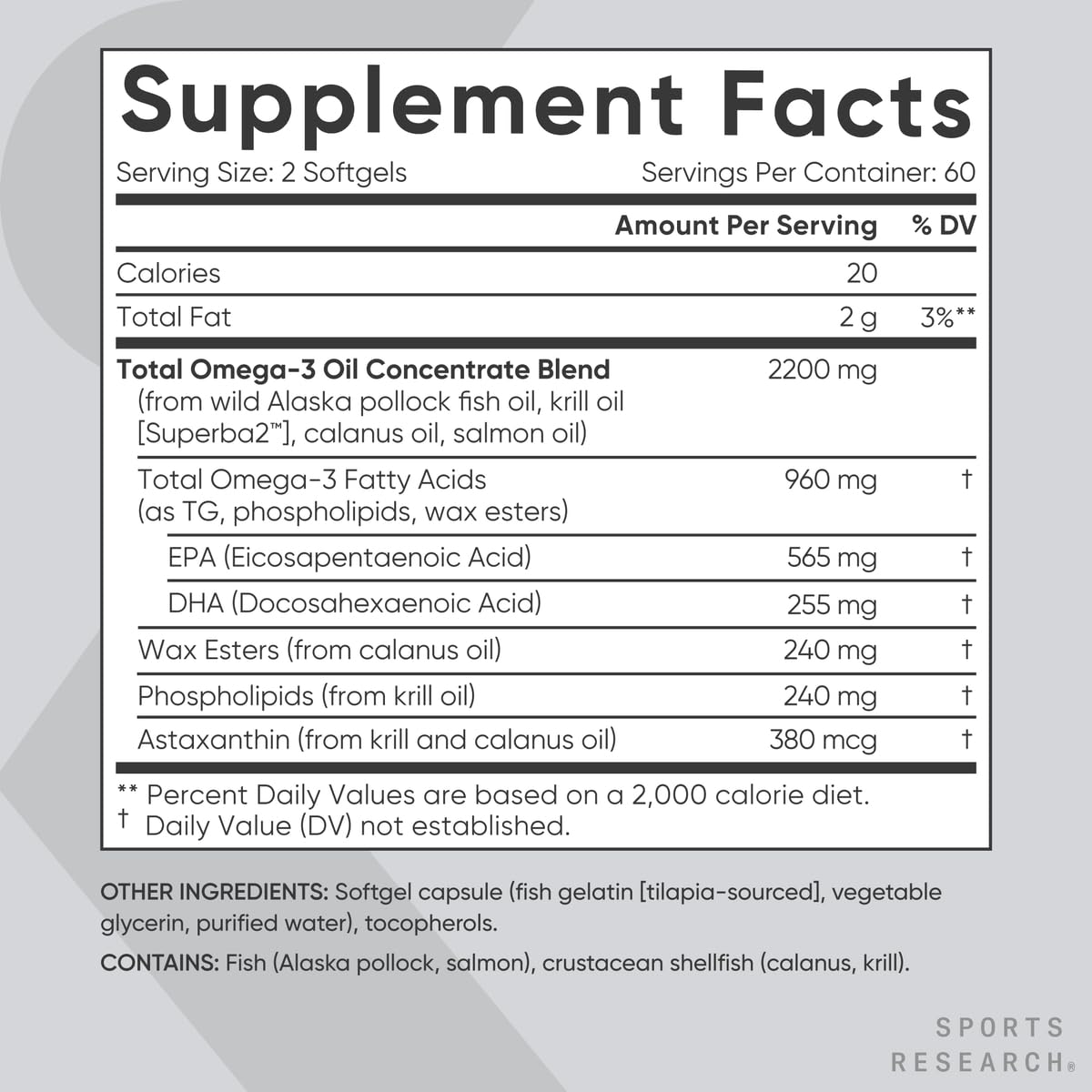 Sports Research® Total Omega-3 Fish Oil 2200mg - Made from Antarctic Krill w/Astaxanthin, Wild Sockeye Salmon & Alaska Pollock - 960mg of EPA & DHA - 120 Softgels Sports Research buy supplements Au