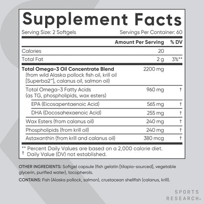 Sports Research® Total Omega-3 Fish Oil 2200mg - Made from Antarctic Krill w/Astaxanthin, Wild Sockeye Salmon & Alaska Pollock - 960mg of EPA & DHA - 120 Softgels Sports Research buy supplements Au