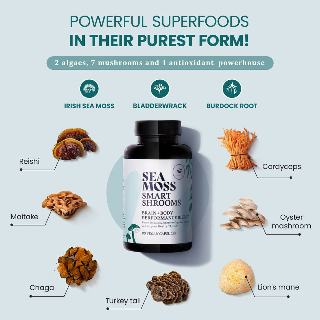 HAPPY FOX Irish Sea Moss Capsules & Mushroom Complex - Organic Seamoss with Adaptogens for Brain Health, 1500mg, 90 Vegan Capsules, Organic Mushroom Supplement HAPPY FOXBuy Supplements Australia