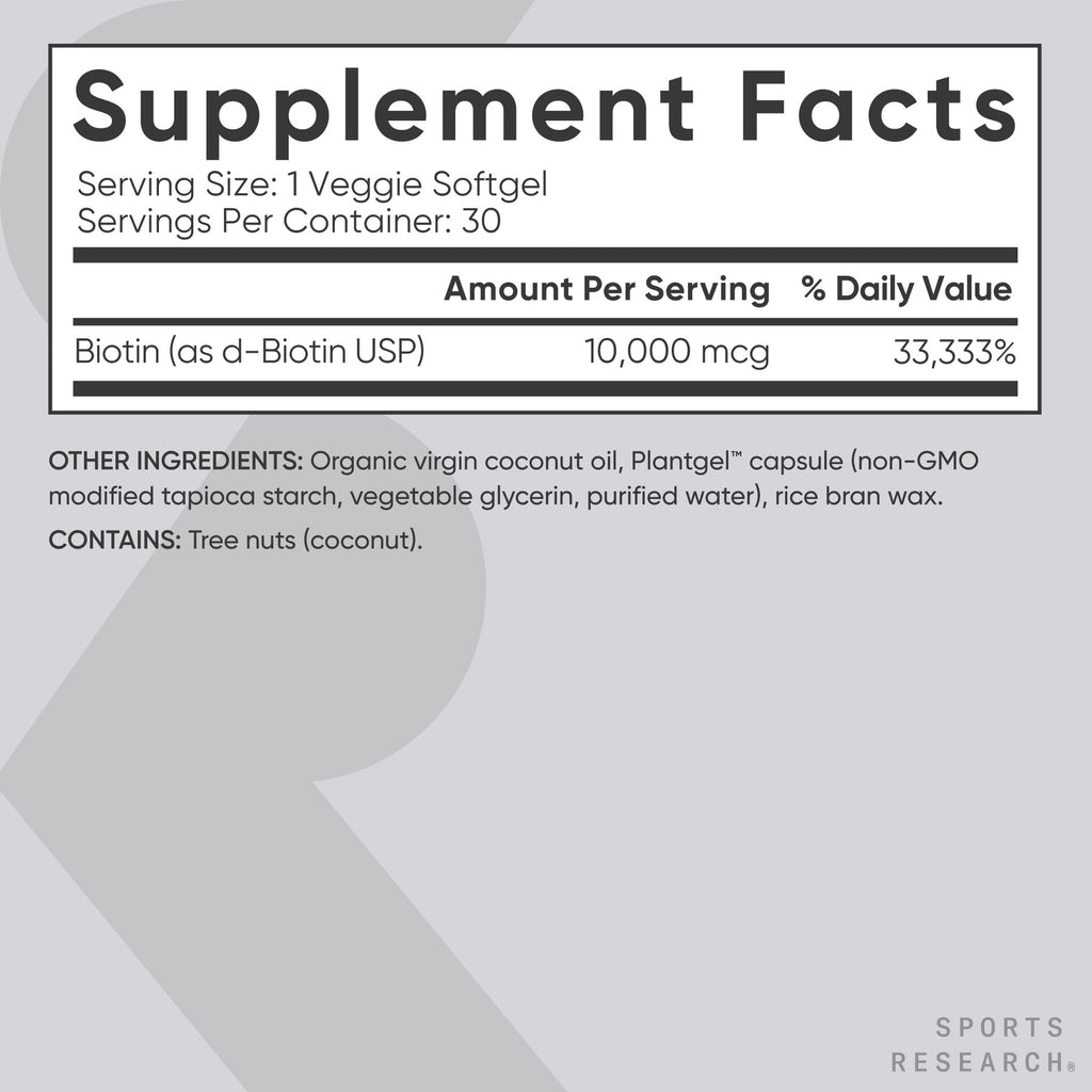 Sports Research® Biotin 10,000mcg with Organic Coconut Oil - Biotin (Vitamin B7) for Healthy Skin and Hair Support* - for Women and Men - Vegan, Non-GMO, Gluten & Soy-Free - 30 Veggie Softgels Sports Research buy supplements Au