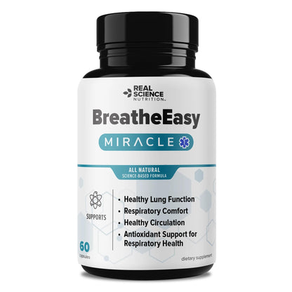 Bottle of Real Science Nutrition BreatheEasy supplement on a white background