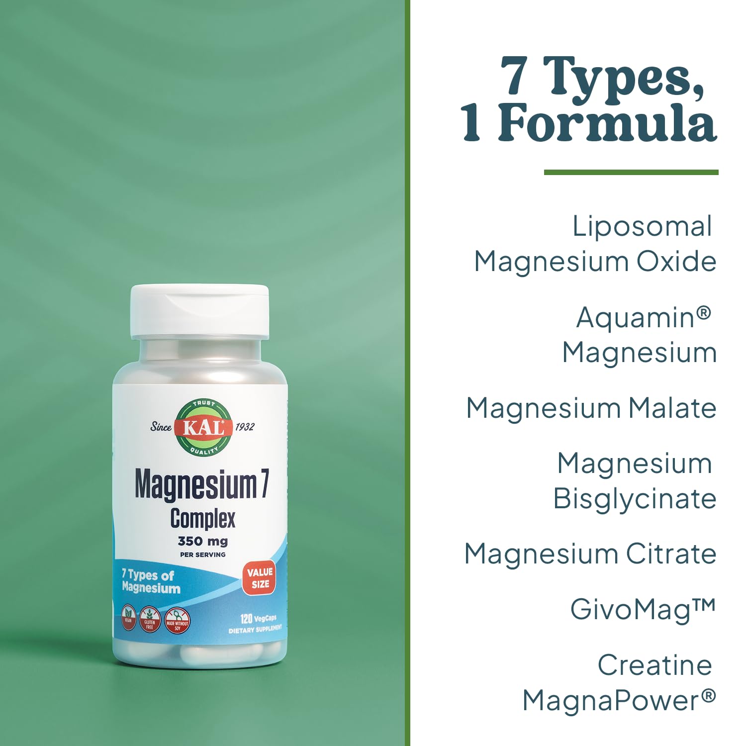 KAL Magnesium Complex 7 - Total Complex with Magnesium Glycinate, Citrate, Malate and More - Relaxation and Whole Body Support Supplements - Vegan, 60-Day Guarantee - 60 Servings - 120 VegCaps KAL buy supplements Au