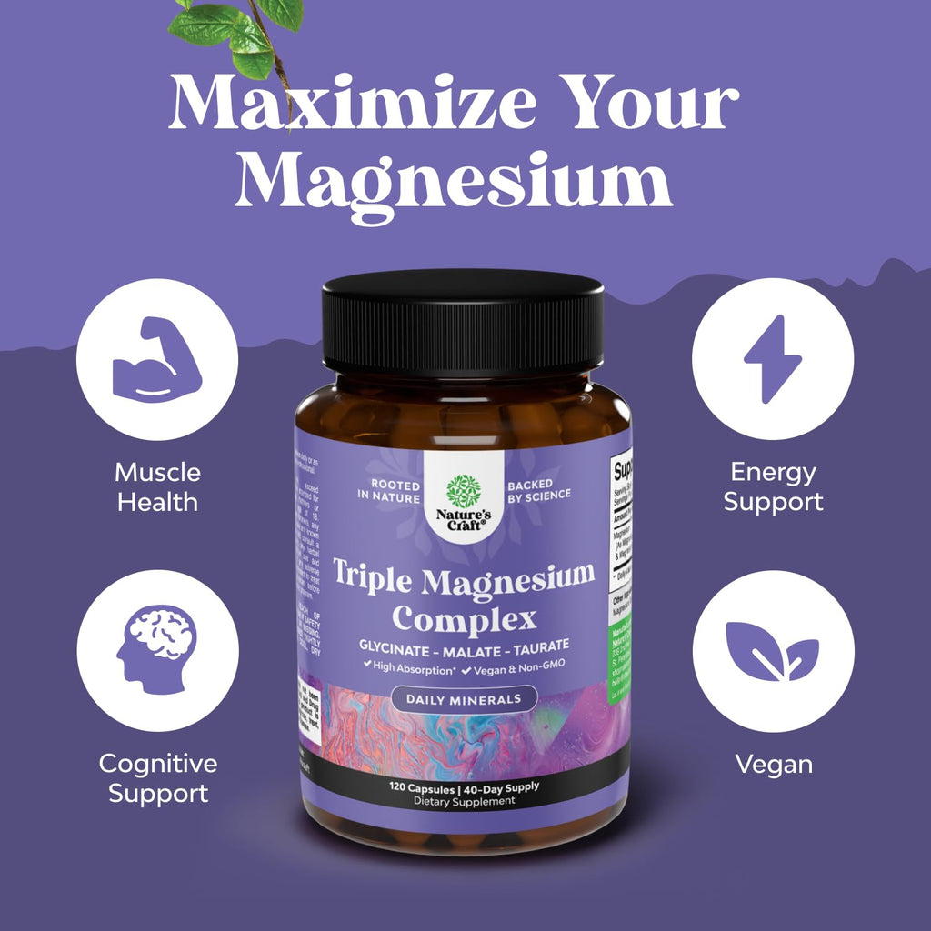 Triple Magnesium Complex Supplement - High Absorption Magnesium Glycinate, Malate & Taurate Blend for Muscles, Energy Support & Heart Health - Triple Mg Complex 400 mg Capsules - 120 Count Natures Craft buy supplements Au