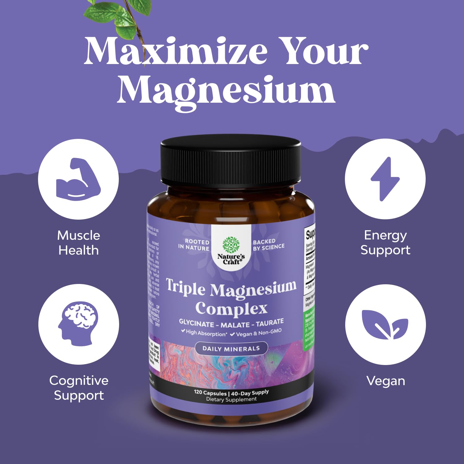 Triple Magnesium Complex Supplement - High Absorption Magnesium Glycinate, Malate & Taurate Blend for Muscles, Energy Support & Heart Health - Triple Mg Complex 400 mg Capsules - 120 Count Natures Craft buy supplements Au