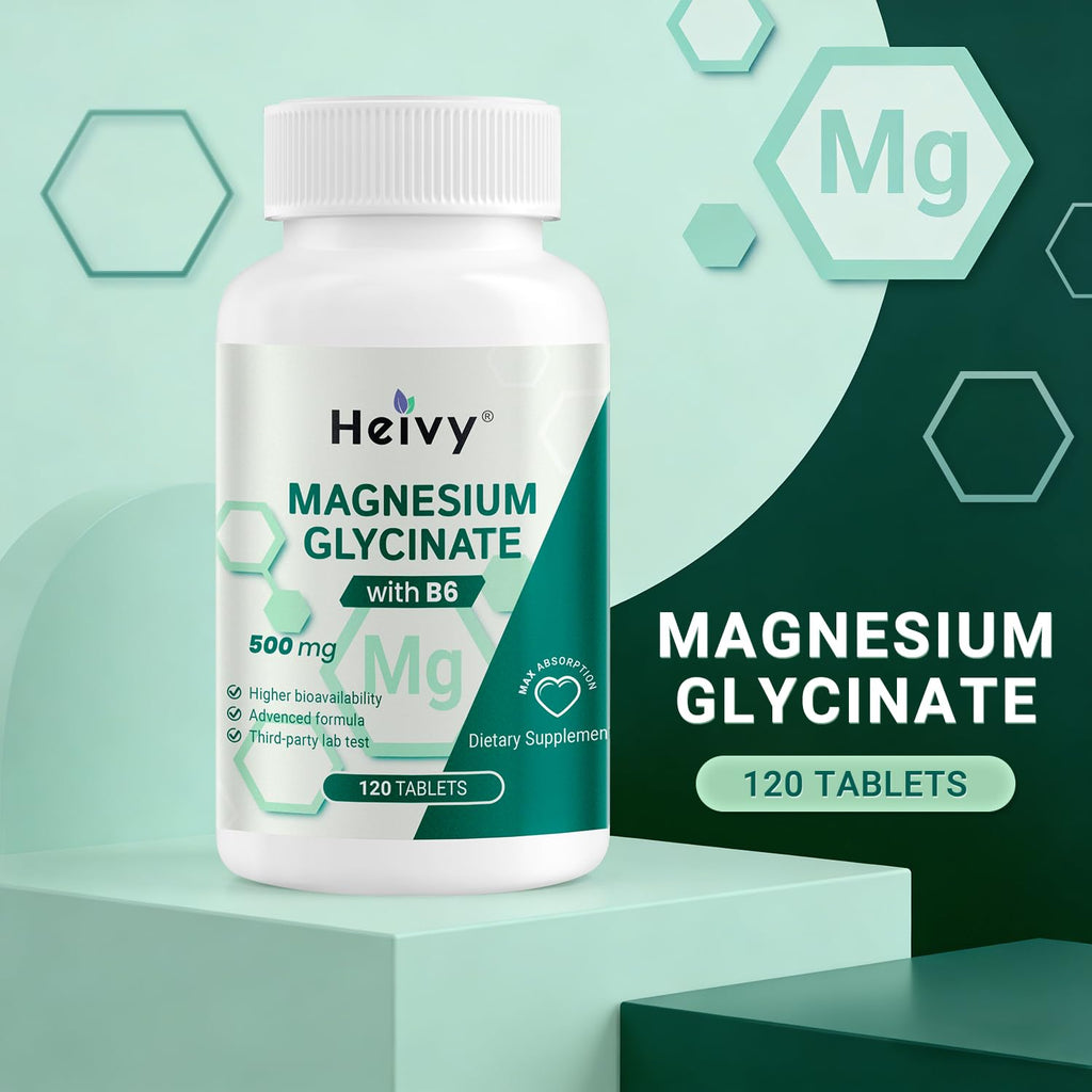 Heivy Pure Magnesium Glycinate 500mg with Vitamin B6, 100% Chelated & Purified Supports Nerve Relife, Sleep Aid & Muscle Support, Vegan & Non-GMO, Made in USA, 3rd Party Tested, 120 Tablets HeivyBuy Supplements Australia