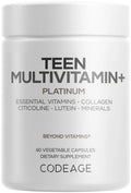 Codeage Teen Multivitamin+ Platinum Supplement - Vitamins A, C, D3, E, K2, B6, B12, Minerals, Probiotics, Citicoline Codeage