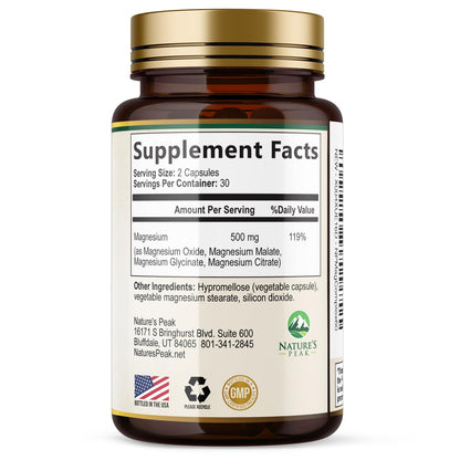 Magnesium Complex Supplement - Magnesium 500mg Per Serving - High Absorption Blend of Glycinate, Citrate, Malate, Oxide - Supports Sleep, Muscle, Bone, Heart Health - Bottled in USA - 60 Capsules Nature's Peak buy supplements Au