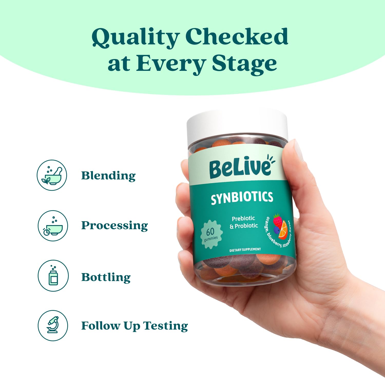 BeLive Synbiotics - Probiotic & Prebiotic Fiber Gummies – High Strength Inulin (3g), Dietary Fiber Supplement, Digestive Support for Kids & Adults - Strawberry, Orange,
