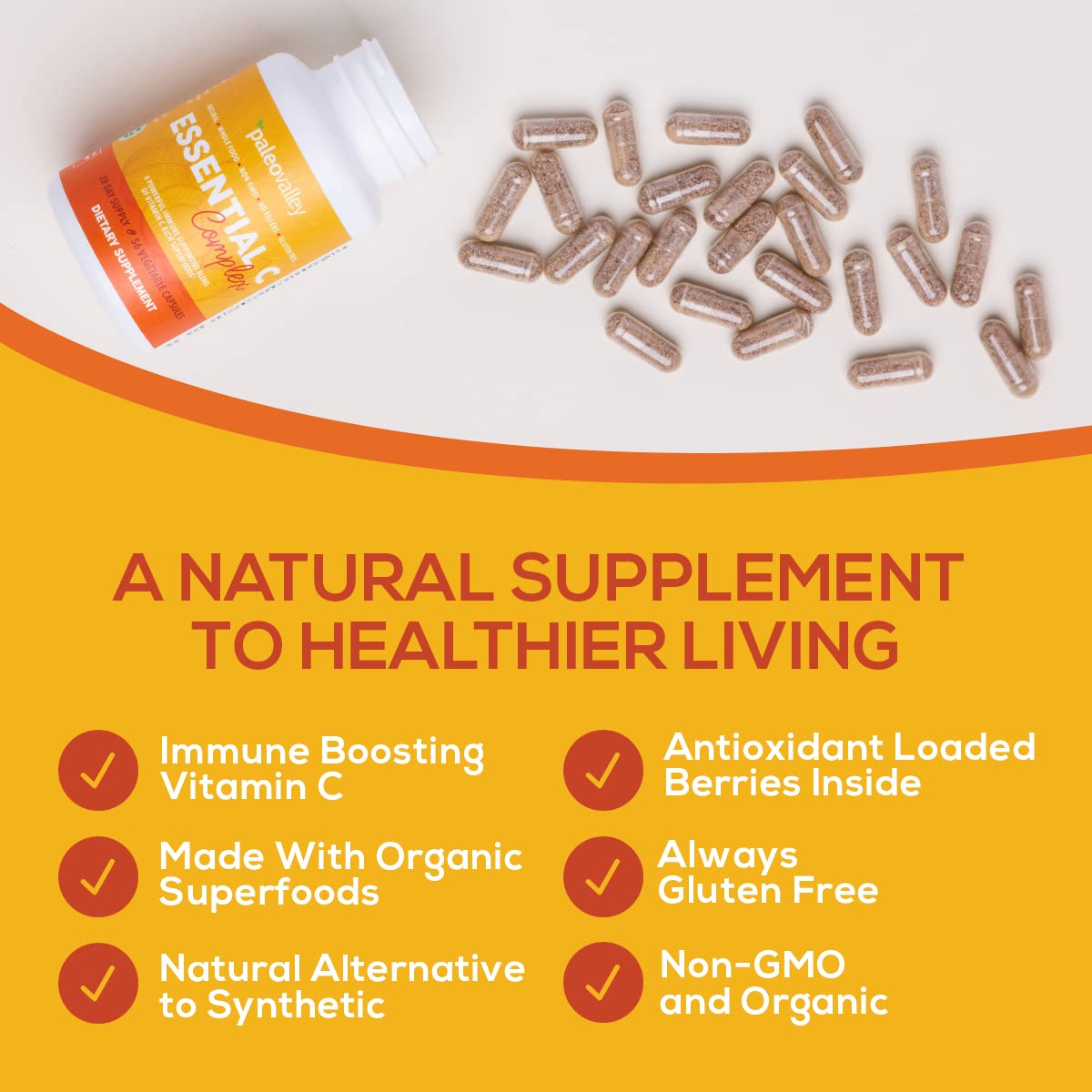 Paleovalley Essential C Complex - Vitamin C Supplement for Immune Support - 1 Pack, 450mg - Organic Superfoods Unripe Acerola Cherry, Camu Camu, Amla Berry